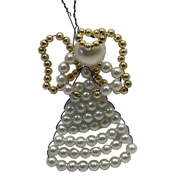 Beaded Angel Christmas Tree Ornament Vintage Handmade White and Gold 2.5" Tall - Picture 1 of 4